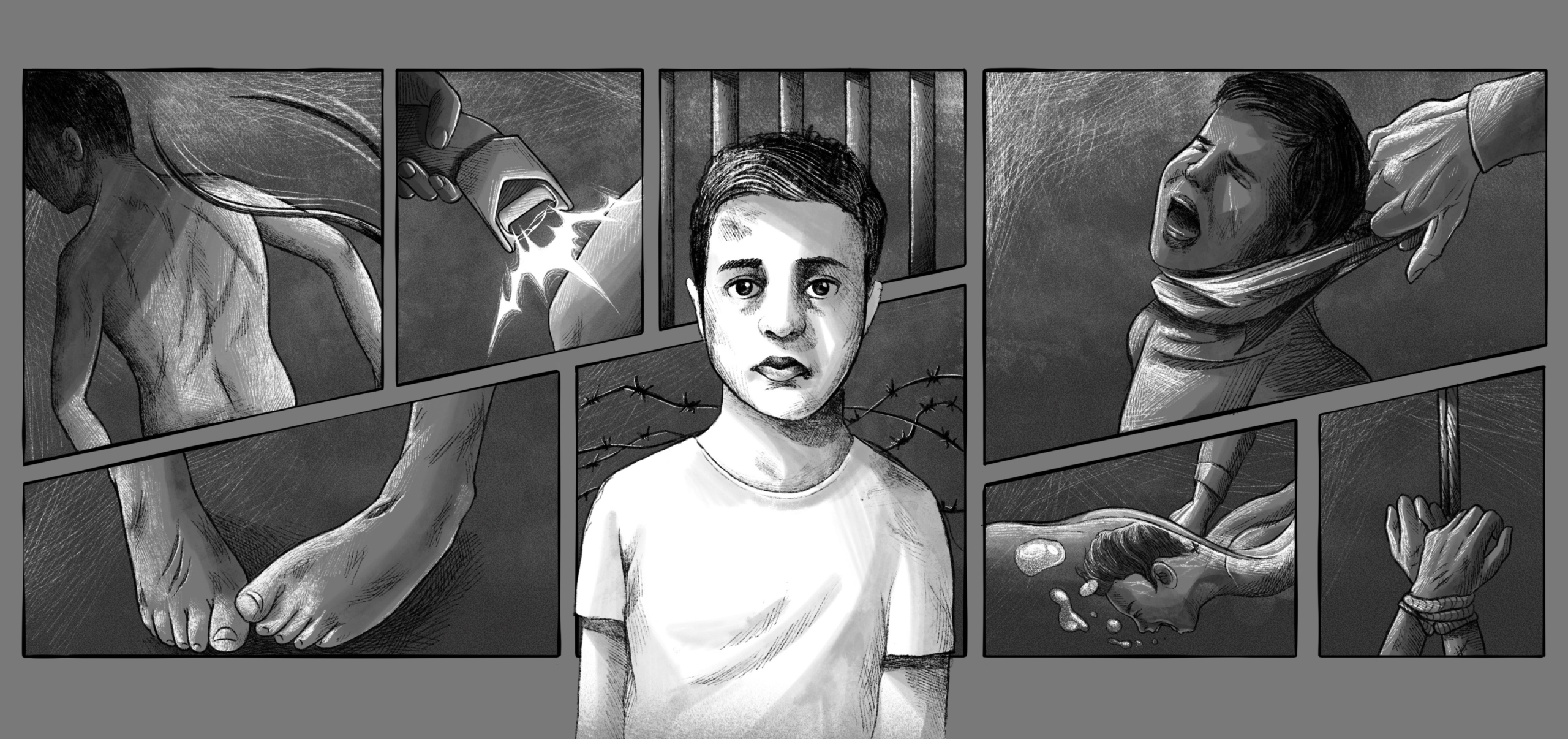 Ilustracija ob izdaji poročila Amnesty International o mučenju otrok v Iranu, 2023.