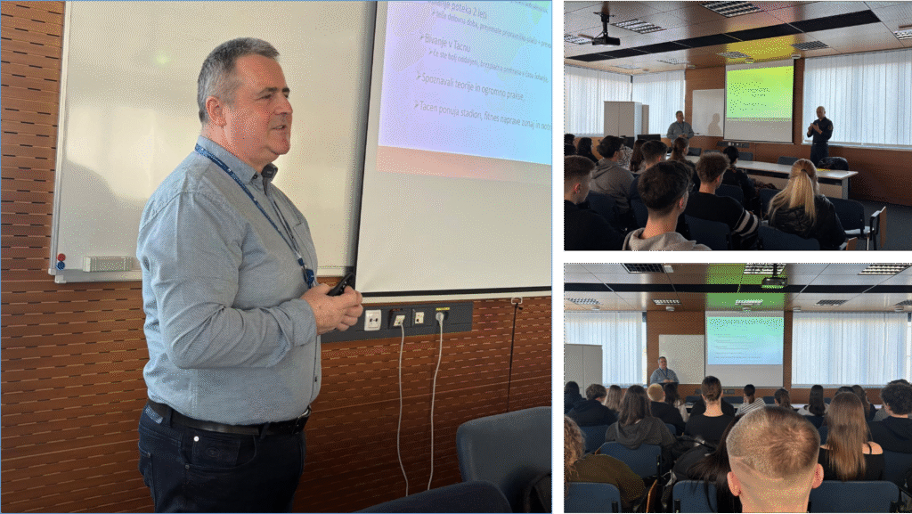 Na kolažu slik vidimo več oseb, ki izvaja predavanje pred razredom mladih oseb.